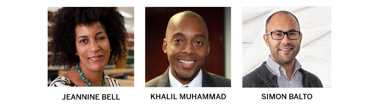 Image of three panelists, from left to right: Jeannine Bell, Khalil Muhammad, Simon Balto